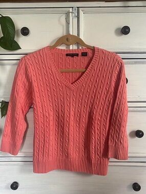 JEANNE PIERRE Coral Pink Cable-Knit V-Neck Sweater